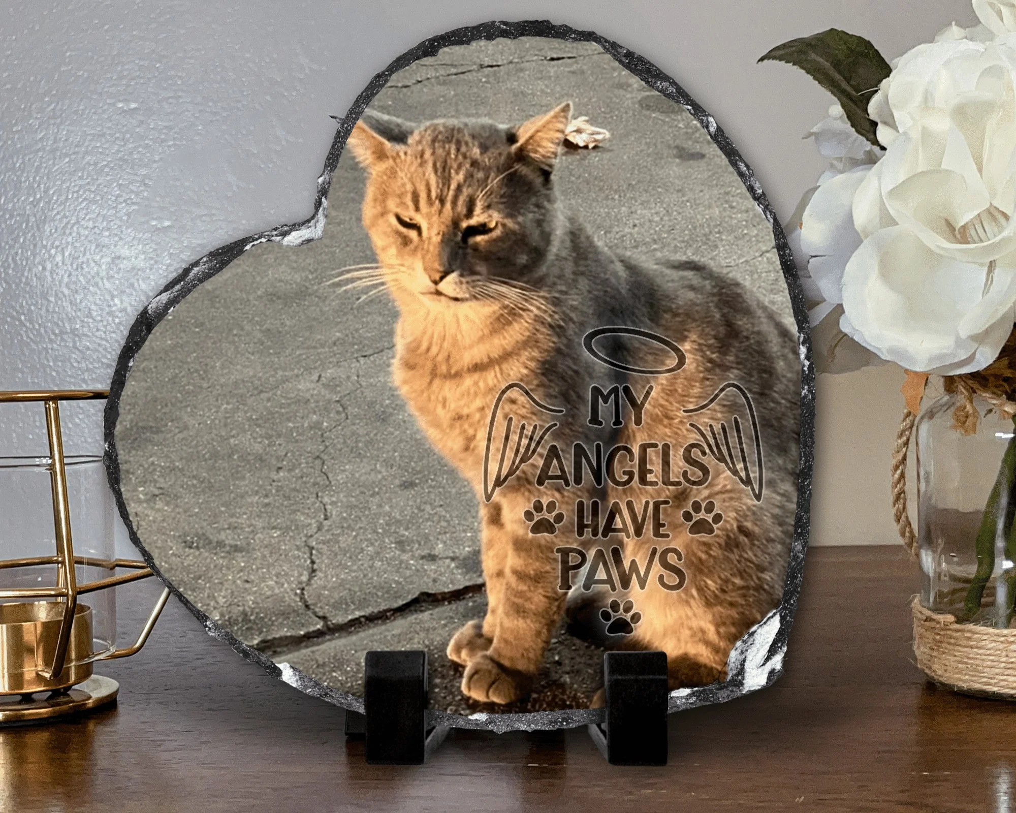 Cat Memorial Plaque Stone Personalized Photo Heart Shape Slate My Angel Has Paws
